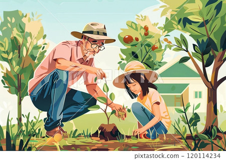 Illustration of a grandfather with his little granddaughter planting a sprout of a green tree, transferring experience and caring with the younger generation 120114234