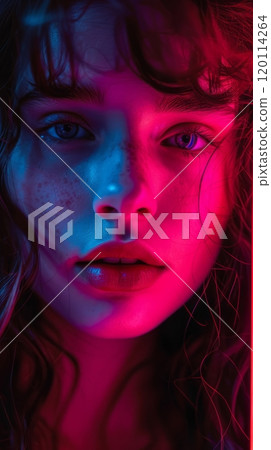 Close-up portrait of a beautiful young girl in neon color, shooting for a fashion magazine 120114264