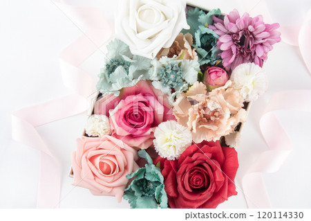 bed of roses, large bunch of colorful pink flowers, buds, petals and leaves loosely spread on a surface, isolated over a white background, love, Valentine's or botanical design element 120114330