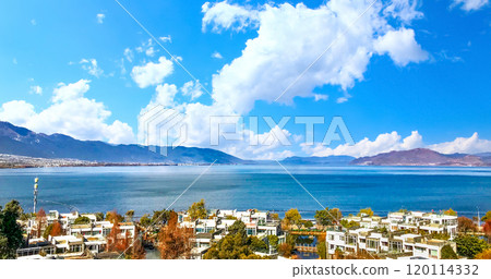 View of the historic town of Perast at famous Bay of Kotor on a beautiful sunny day with blue sky and clouds in summer, Montenegro. Historic city of Perast at Bay of Kotor in summer, Montenegro. View of the historic town of Perast at famous Bay of Kotor on a beautiful sunny day with blue sky and clouds in summer, Montenegro. Historic city of Perast at Bay of Kotor in summer, Montenegro. 120114332