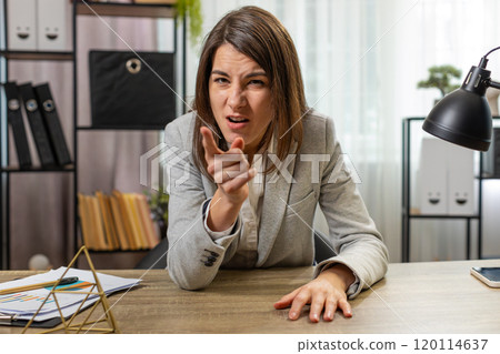 POV of business woman sits at home office desk talking employee on online communication video call POV of business woman sits at home office desk talking employee on online communication video call 120114637