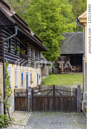 Half-timbered house, folk architecture in Zubrnice, North Bohemia, Czech Republic Half-timbered house, folk architecture in Zubrnice, North Bohemia, Czech Republic 120114660