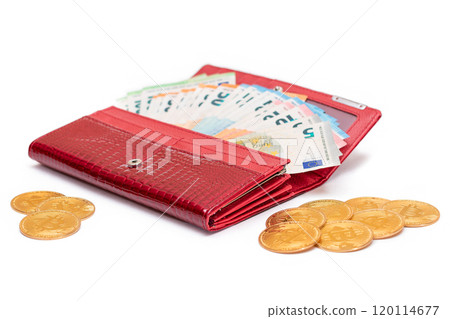 Red Leather Women Purse with Different Euro Banknotes and Bitcoin Coins 120114677