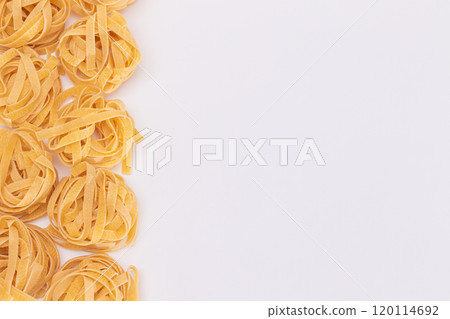 Classic Italian Raw Egg Fettuccine on White Background 120114692