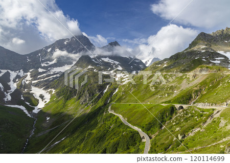 Landscape near Sustenpass with high alpine road, Innertkirchen - Gadmen, Switzerland Landscape near Sustenpass with high alpine road, Innertkirchen - Gadmen, Switzerland 120114699