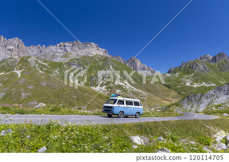 Vanlife, Route des Grandes Alpes near Col du Galibier, Hautes-Alpes, France Vanlife, Route des Grandes Alpes near Col du Galibier, Hautes-Alpes, France 120114705