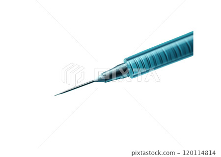 close up of medical syringe with fine needle, showcasing its precision and design. image highlights syringe details and functionality, evoking sense of clinical professionalism 120114814