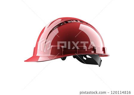 shiny red hard hat designed for safety in construction environments, featuring ventilation and secure fit for optimal protection 120114816