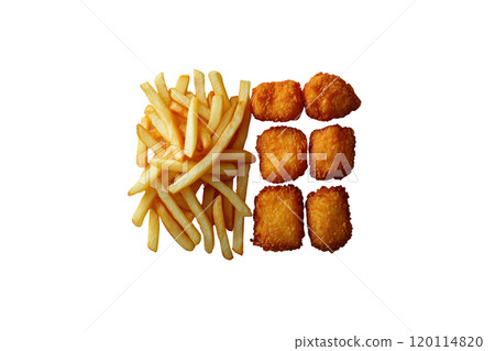 Crispy golden fries and chicken nuggets arranged neatly on black background, creating tempting and appetizing visual. Perfect for food lovers! Crispy golden fries and chicken nuggets arranged neatly on black background, creating tempting and appetizing visual. Perfect for food lovers! 120114820
