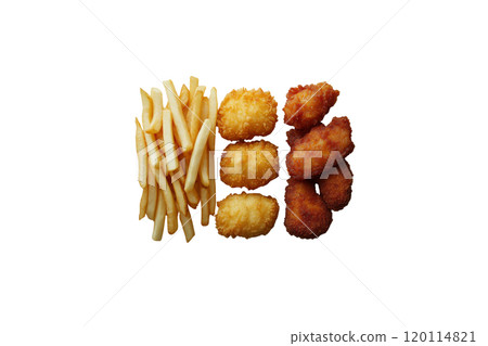 Crispy golden fries, chicken nuggets, and breaded bites arranged neatly. Perfect for satisfying meal or snack. Enjoy delicious combination! Crispy golden fries, chicken nuggets, and breaded bites arranged neatly. Perfect for satisfying meal or snack. Enjoy delicious combination! 120114821