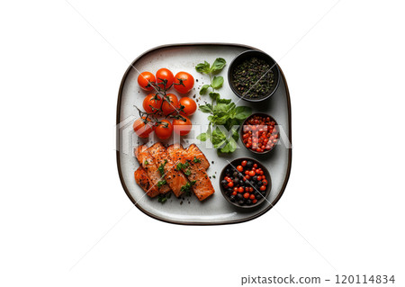 beautifully arranged plate featuring grilled salmon, cherry tomatoes, and various herbs and berries, creating vibrant and appetizing meal 120114834
