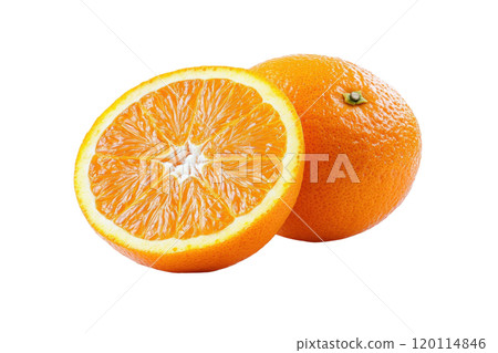 Fresh orange fruit, whole and sliced, showcasing vibrant color and texture. Perfect for healthy eating, juices, or garnishes Fresh orange fruit, whole and sliced, showcasing vibrant color and texture. Perfect for healthy eating, juices, or garnishes 120114846
