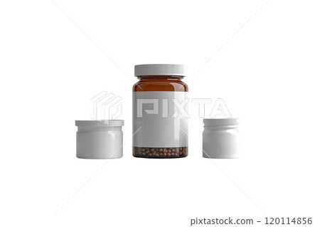 Empty medicine bottles in various sizes, showcasing clean and modern design. Ideal for pharmaceutical or health related projects 120114856