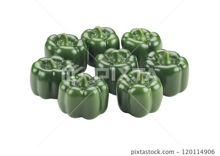 Fresh green bell peppers arranged in circular pattern, showcasing their vibrant color and glossy texture. Perfect for healthy meals and recipes Fresh green bell peppers arranged in circular pattern, showcasing their vibrant color and glossy texture. Perfect for healthy meals and recipes 120114906