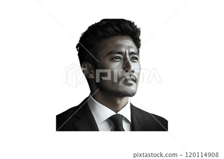 confident man in suit looking upward, exuding determination and ambition. His expression reflects sense of purpose and strength confident man in suit looking upward, exuding determination and ambition. His expression reflects sense of purpose and strength 120114908
