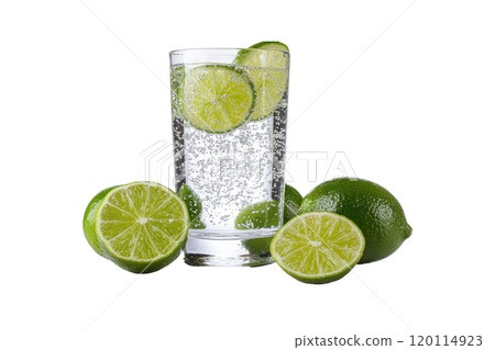 Refreshing lime slices in sparkling water, perfect for summer drink. Enjoy vibrant green color and fizzy bubbles that enhance flavor 120114923