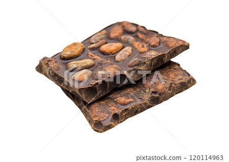 Rich chocolate bar with cocoa nibs, showcasing delicious texture and flavor. Perfect for dessert lovers and chocolate enthusiasts 120114963