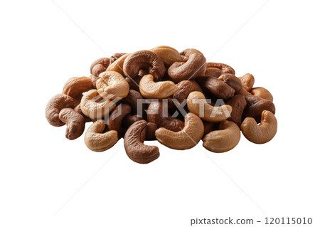 Cashew nuts in various shades piled together, showcasing their unique shapes and textures. Perfect for healthy snacking or culinary uses 120115010