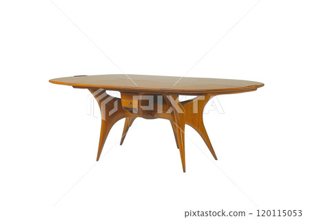 Elegant wooden table with unique design and curved legs, perfect for modern interiors. This stylish piece adds touch of sophistication to any dining or workspace 120115053