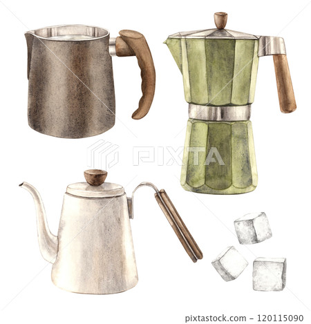 Geyser coffee maker, milk jug, teapot and sugar cubes. A set of watercolor hand-drawn illustrations on a coffee theme. For branding of shops, cafes and menus, coffee packaging, postcards and banners Geyser coffee maker, milk jug, teapot and sugar cubes. A set of watercolor hand-drawn illustrations on a coffee theme. For branding of shops, cafes and menus, coffee packaging, postcards and banners 120115090