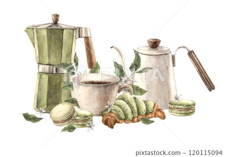 Cup of hot coffee with pistachio macaroon and fresh croissant, branches with berries and flowers. Geyser coffee maker, teapot, watercolor composition template for shops and cafes, packaging and menu Cup of hot coffee with pistachio macaroon and fresh croissant, branches with berries and flowers. Geyser coffee maker, teapot, watercolor composition template for shops and cafes, packaging and menu 120115094