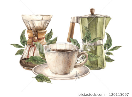 Cup of hot coffee with green leaves and flowers of coffee tree. Geyser coffee maker and glass filter, watercolor composition template on isolated background, for shops and cafes, packaging and menu Cup of hot coffee with green leaves and flowers of coffee tree. Geyser coffee maker and glass filter, watercolor composition template on isolated background, for shops and cafes, packaging and menu 120115097