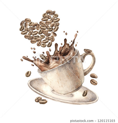 Ceramic mug in motion with splashes of coffee beans and a heart-shaped composition made of coffee. Watercolor illustration drawn by hand. Suitable for decorating shops, cafes, banners, postcards Ceramic mug in motion with splashes of coffee beans and a heart-shaped composition made of coffee. Watercolor illustration drawn by hand. Suitable for decorating shops, cafes, banners, postcards 120115103