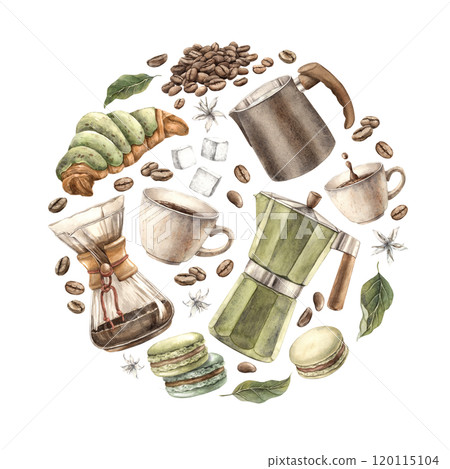 Mug, geyser coffee maker, coffee filter, sugar, macaroons, croissant, grains, milk jug, leaves. Watercolor hand-drawn round composition on isolated background, for branding shops, cafes, postcards Mug, geyser coffee maker, coffee filter, sugar, macaroons, croissant, grains, milk jug, leaves. Watercolor hand-drawn round composition on isolated background, for branding shops, cafes, postcards 120115104