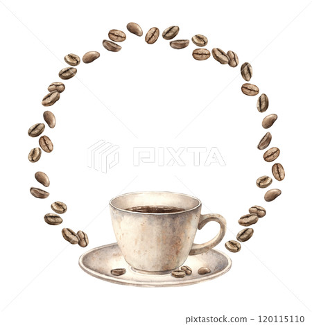 A mug of aromatic hot coffee in a ceramic white cup. Watercolor round wreath or frame of roasted beans on an isolated background. Suitable for decorating coffee shops, restaurants, menus, postcards 120115110
