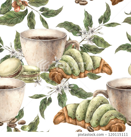 Coffee beans, coffee mug, pistachio macarons and croissant, branches with berries and flowers. Watercolor seamless pattern on white background, for branding of shops, cafes, banners, packaging 120115111
