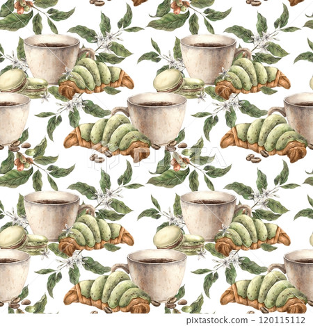 Coffee beans, coffee mug, pistachio macarons and croissant, branches with berries and flowers. Watercolor seamless pattern on white background, for branding of shops, cafes, banners, packaging 120115112
