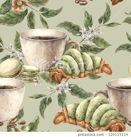 Coffee beans, coffee mug, pistachio macaroons and croissant, branches with berries and flowers. Watercolor seamless pattern on a green background, for branding of shops, cafes, banners, packaging. 120115114