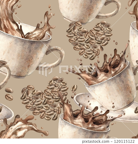 Ceramic mug in motion with splashes of coffee beans and heart-shaped composition made of coffee. Watercolor seamless pattern hand-drawn on beige background, for branding of shops, cafes, postcards 120115122