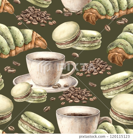 Ceramic cup with aromatic coffee, pistachio macaroons, fresh croissant and roasted beans. Watercolor seamless pattern on a coffee theme, suitable for decorating shops, cafes, postcards, banners 120115123