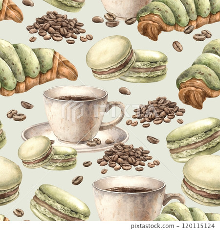 Ceramic cup with aromatic coffee, pistachio macaroons, fresh croissant and roasted beans. Watercolor seamless pattern on a coffee theme, suitable for decorating shops, cafes, postcards, banners Ceramic cup with aromatic coffee, pistachio macaroons, fresh croissant and roasted beans. Watercolor seamless pattern on a coffee theme, suitable for decorating shops, cafes, postcards, banners 120115124
