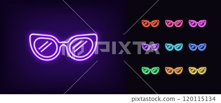 Outline neon glamour sunglasses icon set. Glowing neon summer sunglasses icon, retro style spectacles. Fashion sunglasses, party eyewear, disco style, modern eyeglass, cool glasses lens. Vector icons 120115134