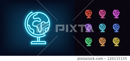 Outline neon globe icon set. Glowing neon earth globe icon, international world map. Abstract planet on stand, school globus, geographical expedition, worldwide travel, global geography. Vector icons 120115135