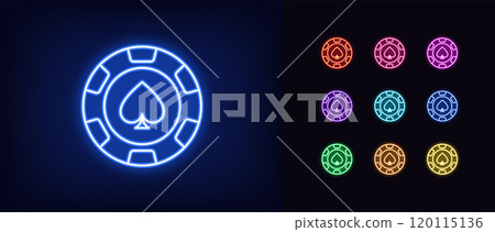 Outline neon spade chip icon set. Glowing neon poker chip with spade heart icon, casino club. Gamble sport, poker game, casino token win, gaming chip, gambling roulette game, money reward. Vector icon Outline neon spade chip icon set. Glowing neon poker chip with spade heart icon, casino club. Gamble sport, poker game, casino token win, gaming chip, gambling roulette game, money reward. Vector icon 120115136