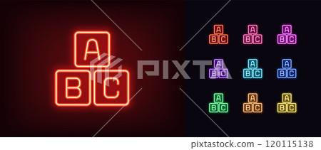 Outline neon alphabet cubes icon set. Glowing neon alphabet blocks with English letters, toy ABC cubes for game in words. Child education and early children development through games. Vector icons 120115138