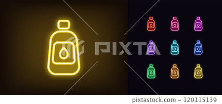 Outline neon oil bottle icon set. Glowing neon bottle with drop icon, natural vegetable oil. Organic plant seed oil, liquid vegetable fat, vial with natural seed milk, vegetarian food. Vector icons 120115139