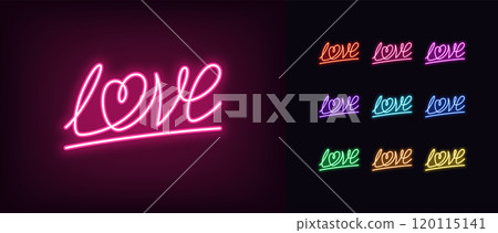 Outline neon love lettering icon set. Glowing neon love word with heart, linear calligraphic text. Love italic script, handwriting inscription, romantic cursive writing, amour calligraphy. Vector icon 120115141