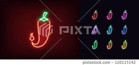 Outline neon hot pepper icon set. Glowing neon chili pepper with little fire, spicy food. Jalapeno pepper, extra hot taste, spicy kitchen, paprika spice, chili sauce, fire taste. Vector icons 120115142