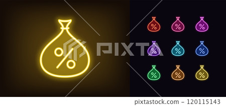 Outline neon percent pouch icon set. Glowing neon money bag with percentage icon, benefit investments. Percentage rate, finance profit, dividend and coupon income, interest earning. Vector icons 120115143