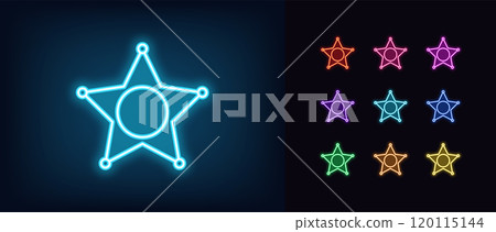 Outline neon police star icon set. Glowing neon sheriff badge, police department and officer sign, law star. Wanted star, game pursuit and chasing. Gaming cowboy western, Wild West. Vector icons 120115144