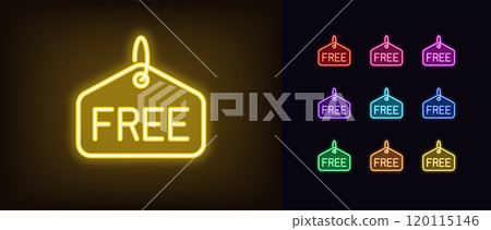 Outline neon free hangtag, icon set. Neon promo label with text Free, shopping advertisement. Free gift offer, bonus shopping, gratis prize, offer without payment, zero price cost. Vector icons Outline neon free hangtag, icon set. Neon promo label with text Free, shopping advertisement. Free gift offer, bonus shopping, gratis prize, offer without payment, zero price cost. Vector icons 120115146