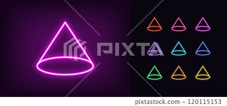 Outline neon cone icon set. Glowing neon isometric taper wireframe, conic shape, abstract geometric figure. Conic pyramid, cylindrical cone, conical wireframe structure, taper form. Vector icons 120115153