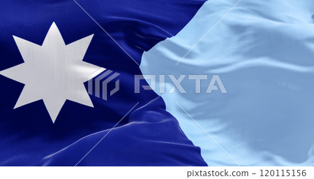 Close-up of Minnesota new state flag waving with the american flag on a clear day 120115156