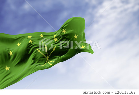 The Circassian flag waving in the wind on a clear day The Circassian flag waving in the wind on a clear day 120115162