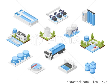 Water purification 3d isometric system. Industrial systems and equipment for clean aqua, separator, treatment, tanks. Isolated flawless vector set Water purification 3d isometric system. Industrial systems and equipment for clean aqua, separator, treatment, tanks. Isolated flawless vector set 120115240