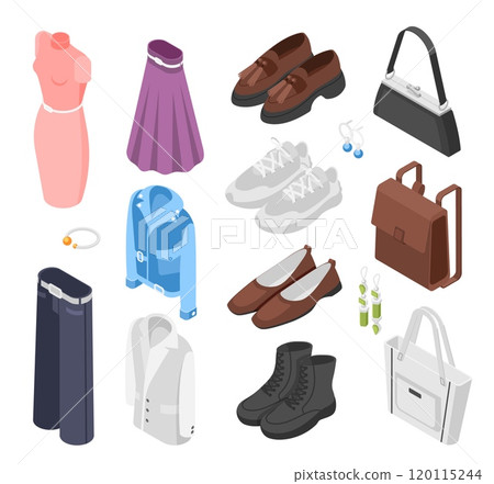 Isometric clothes and shoes. Dress jacket shoes boots bags. Female fashion apparel, male pants, sneakers and jewelry. Stylish store goods, flawless vector set Isometric clothes and shoes. Dress jacket shoes boots bags. Female fashion apparel, male pants, sneakers and jewelry. Stylish store goods, flawless vector set 120115244